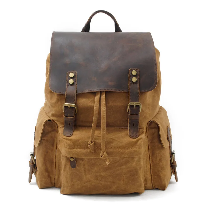 

Waxed Canvas Leather Backpack Waterproof Laptop Daypack Drawstring Rucksack for College Men Outdoor Travel Hiking Durable School