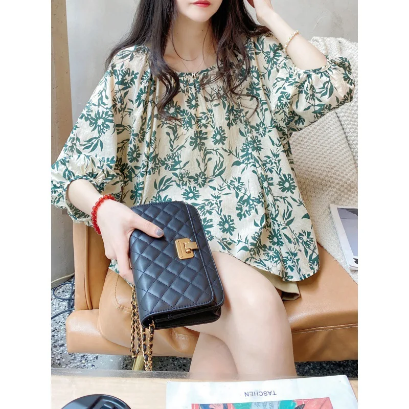 

Blouse Women 2025 New Summer Top Loose Pullover Sweet Lantern Sleeve Floral Cotton Linen Shirt Women's Clothing