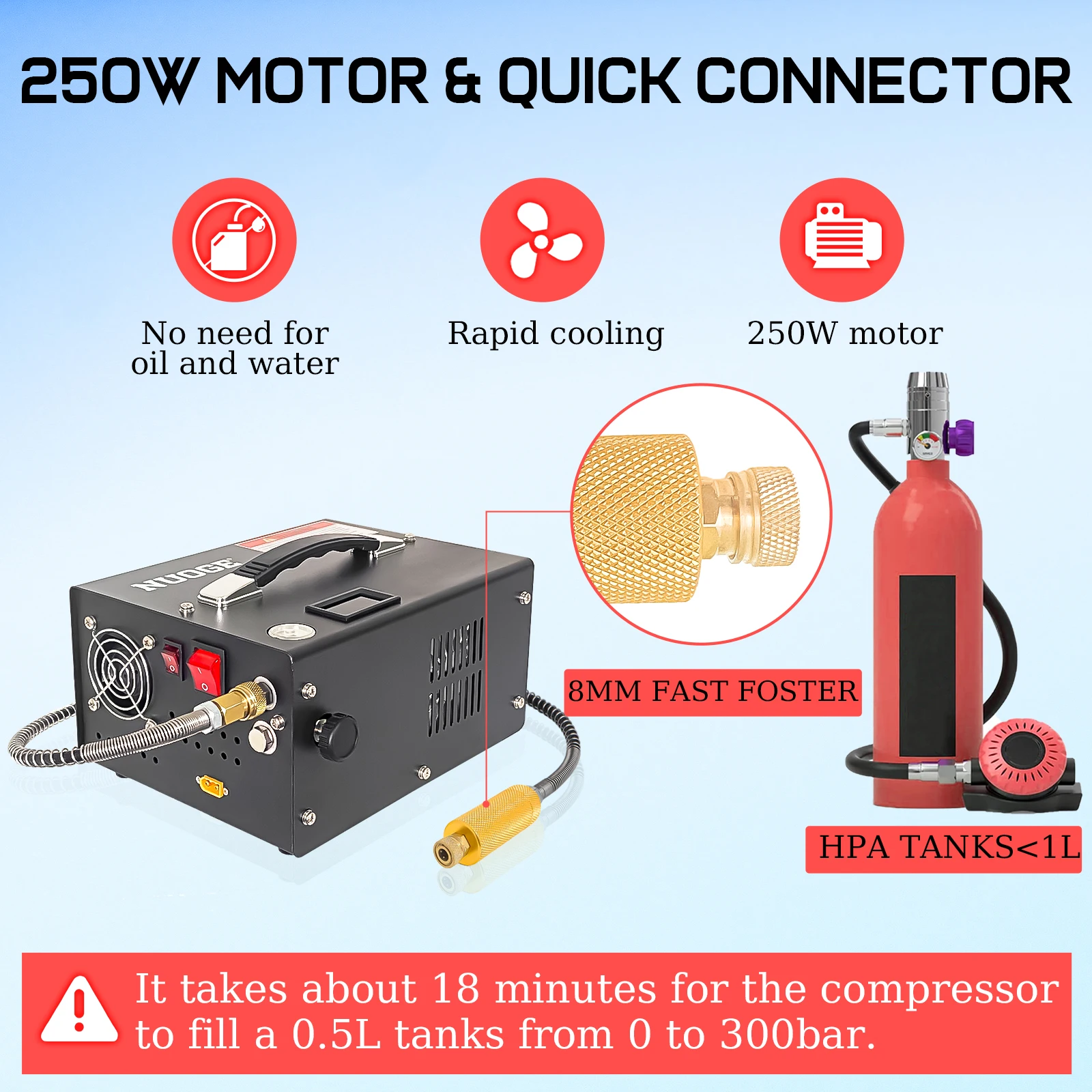 4500Psi 30Mbar Portable PCP Air Compressor Pump 12VDC/110V Power Oil/Water-Free High Pressure Diving Bottle