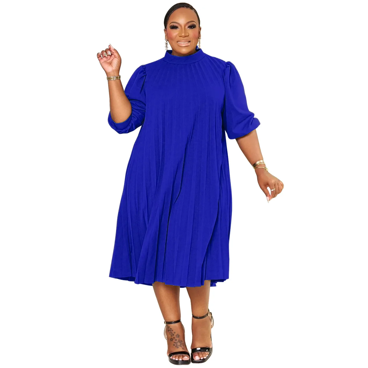 Autumn Winter Plus Size Woman Pleats Dress Fashion Half Sleeves Round Collar High Waist Casual Dressses 4XL 5XL