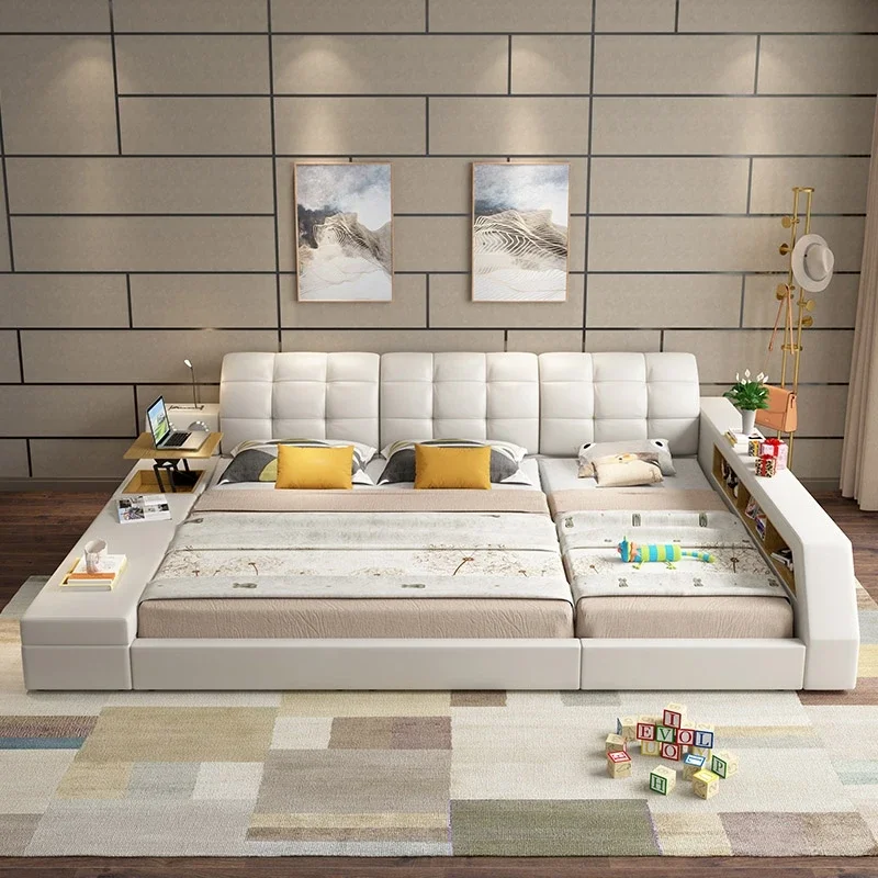 Tech Smart Bed with Bluetooth Audio and Lamp Genuine Leather Parent-child Multifunctional Upholstered Tatami Bed Ultimate Camas