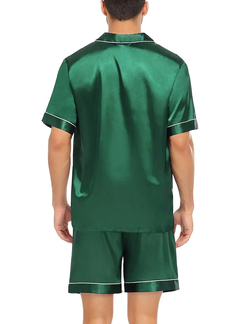 2-teiliges Pyjama-Set aus seidigem Satin für Herren, kurzärmeliges Hemd mit Revers, Brusttasche und Shorts, glatte Haptik, weiche Nachtwäsche, gemütliche Nachthemden – Detail 3