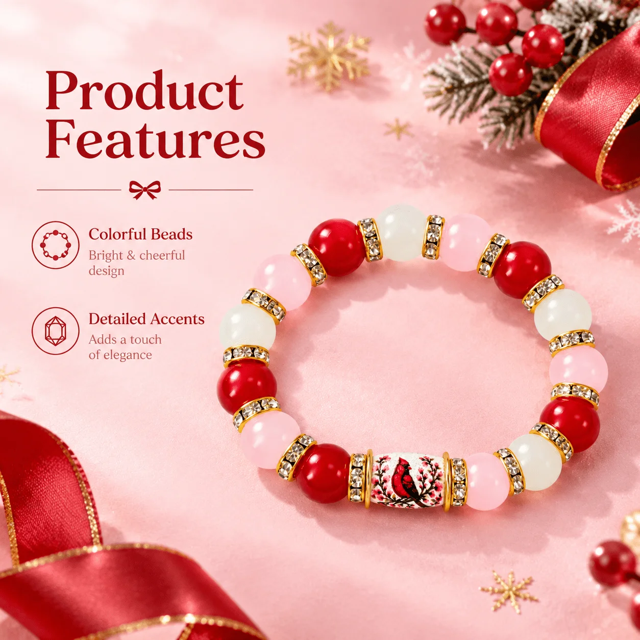 Northern Cardinal Christmas Bracelet, Red Pink White Beaded Stretch Jewelry, New Beginnings Symbol, Holiday Gift