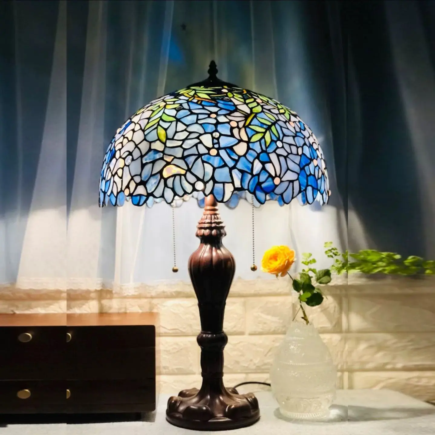 blue Mediterranean pastoral fresh  beautiful decoration vintage glass handmade green living room bedside lamp