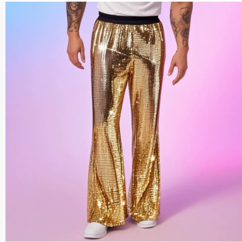 Men's Shiny Metallic Sequin Flared Pants Disco Party Bell Bottom Trousers Elastic Waist Sparkly Nightclub Costume