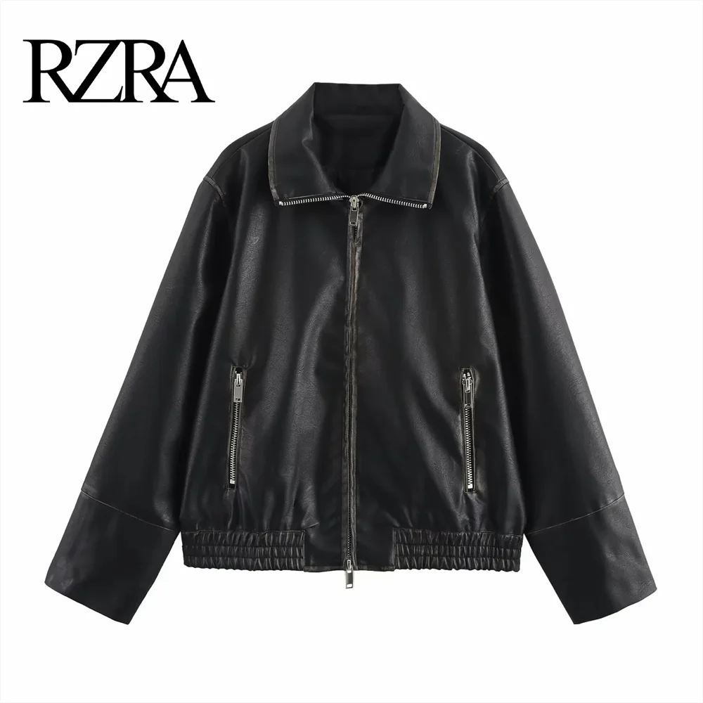 RZRA 2024 loose temperament lapel zipper placket leather jacket pleated hem casual versatile jacket women's clothing