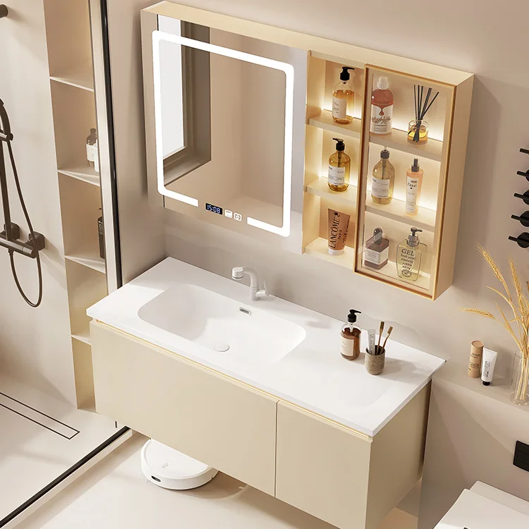 Black Slate Bathroom Vanity With Pop-Up Drawer Storage Slate Sink Smart Anti-Mist Bathroom Mirror