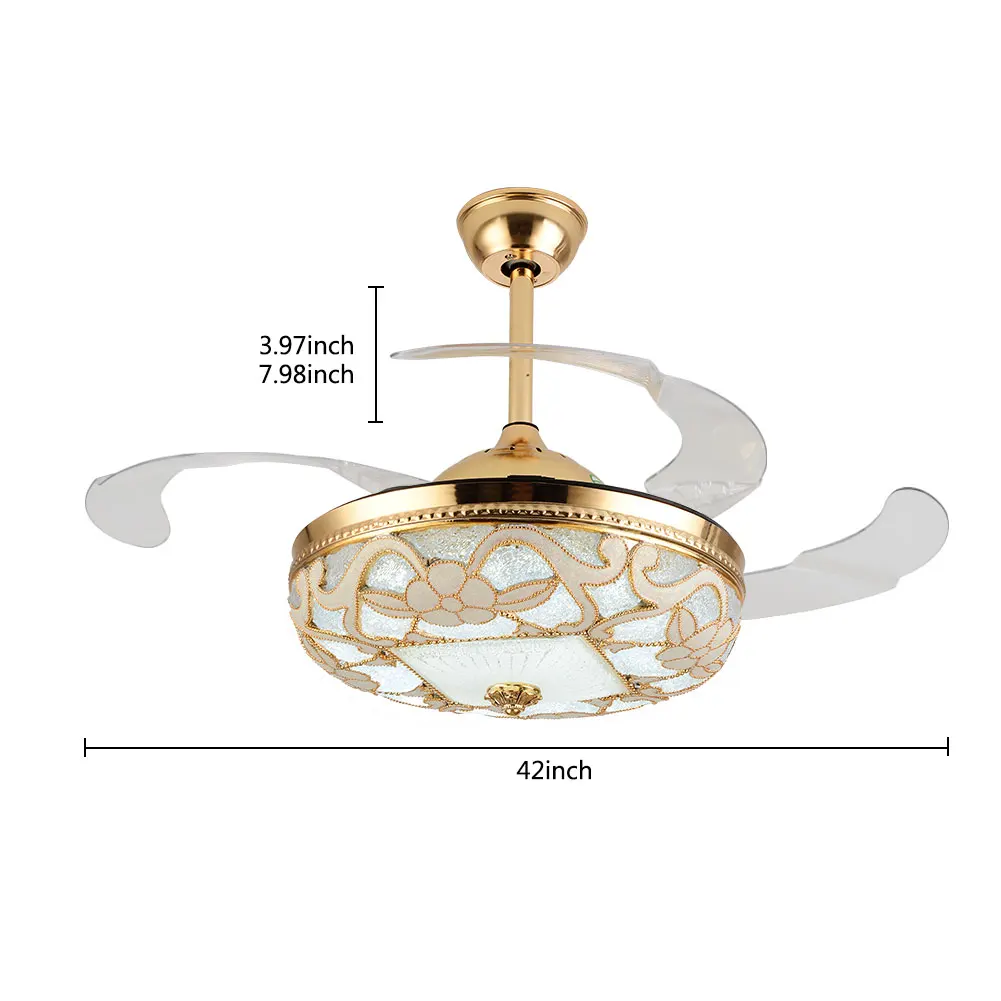 OUKANING 42" Gold LED Crystal Ceiling Fan Light 4 Retractable Blades 3 Speed Setting Chandelier with Remote Control for Indoor