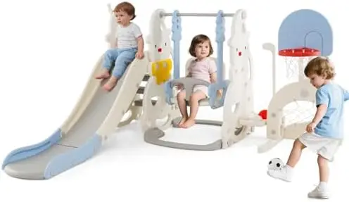 7 in 1 Toddler Slide and Swing Set, Indoor Outdoor Castle Climber Playset w/Baby Swing, Basketball Hoop, Tele, Storage
