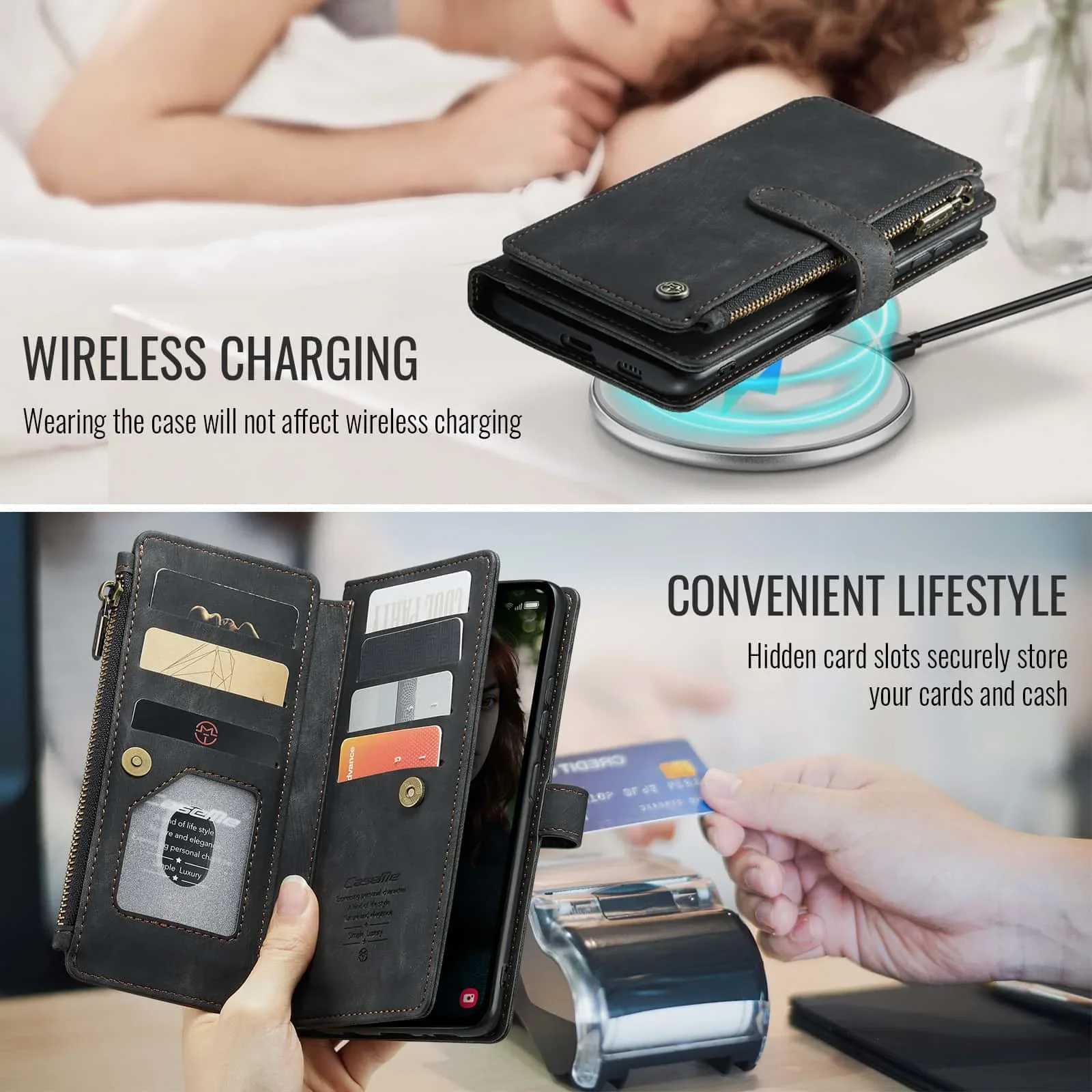 حافظة لهاتف Samsung Galaxy S24 FE، حافظة محفظة للنساء والرجال، حامل بطاقات بسحاب مغناطيسي من جلد البولي يوريثان المتين #6