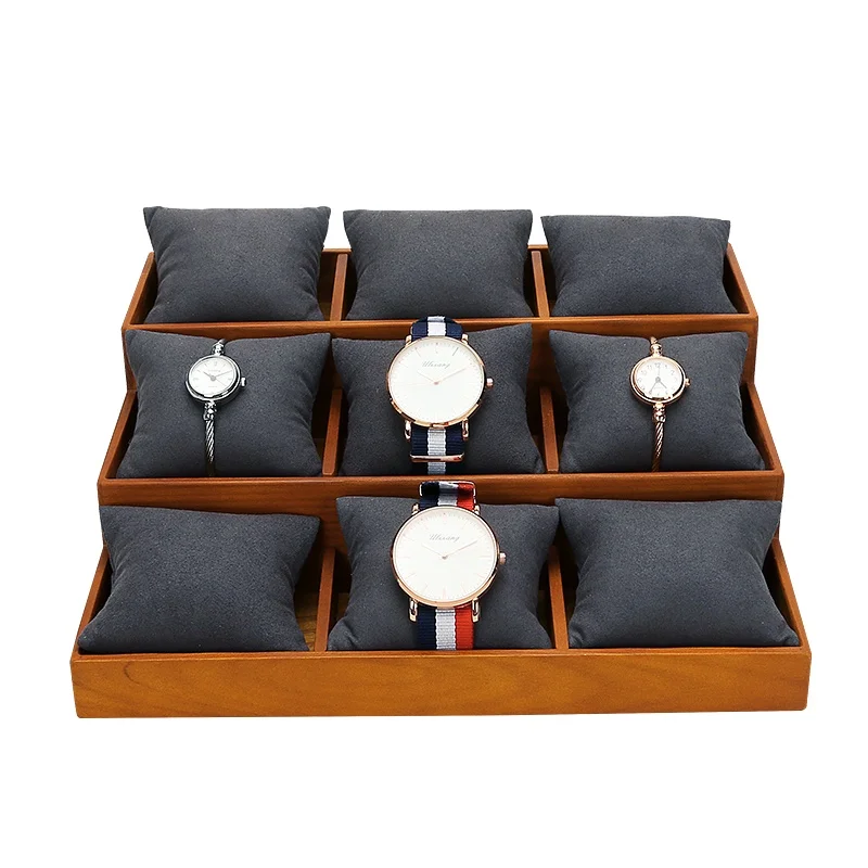 Caja organizadora de relojes de terciopelo de madera, soporte de exhibición de pulsera gris Beige, bandeja de almacenamiento de joyas de madera con 9 ranuras