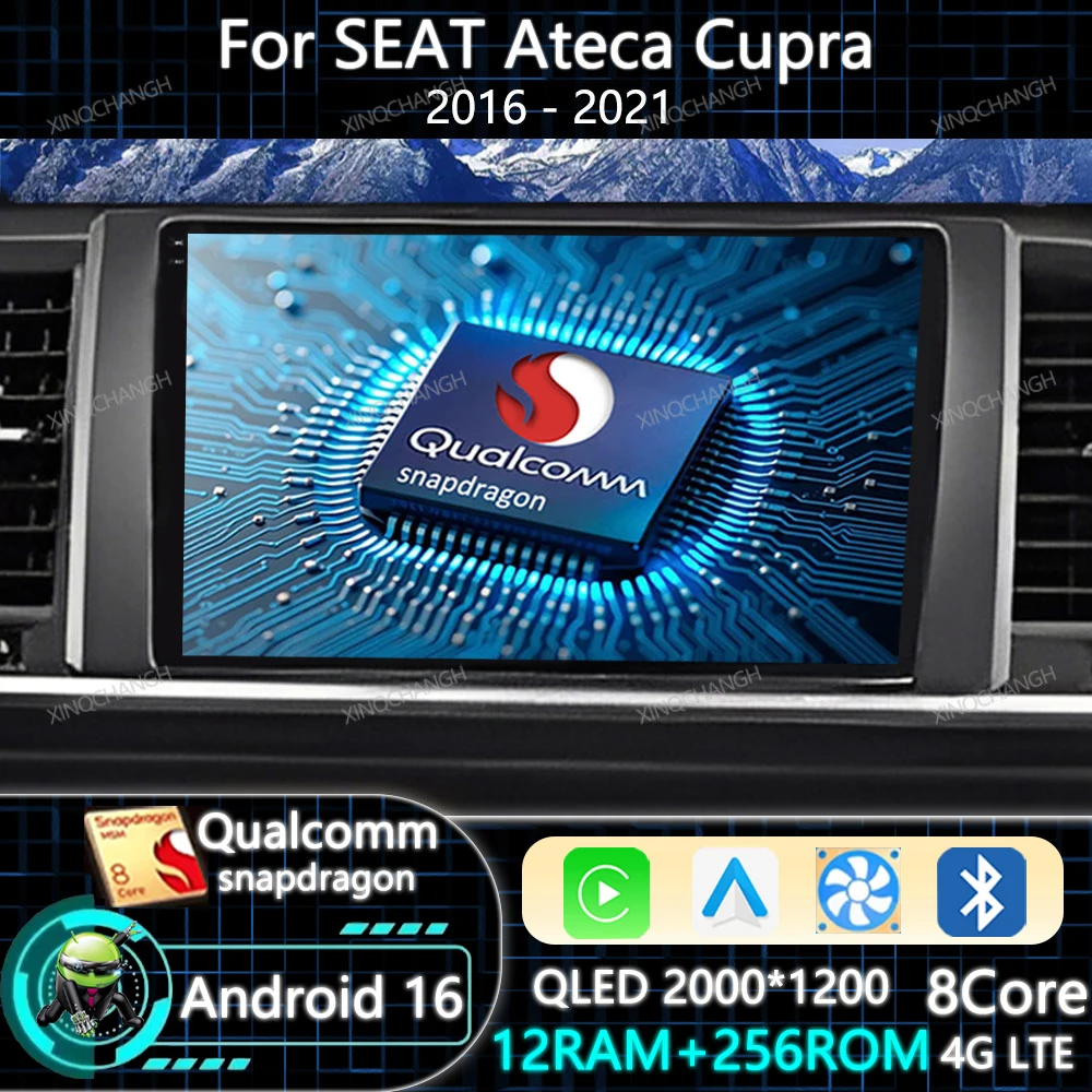 Android 16 Car Radio Carplay Auto For SEAT Ateca Cupra 2016 - 2021 Qualcomm QLED GPS Navigation Head Unit BT 4G LTE 5G WIFI 2DIN