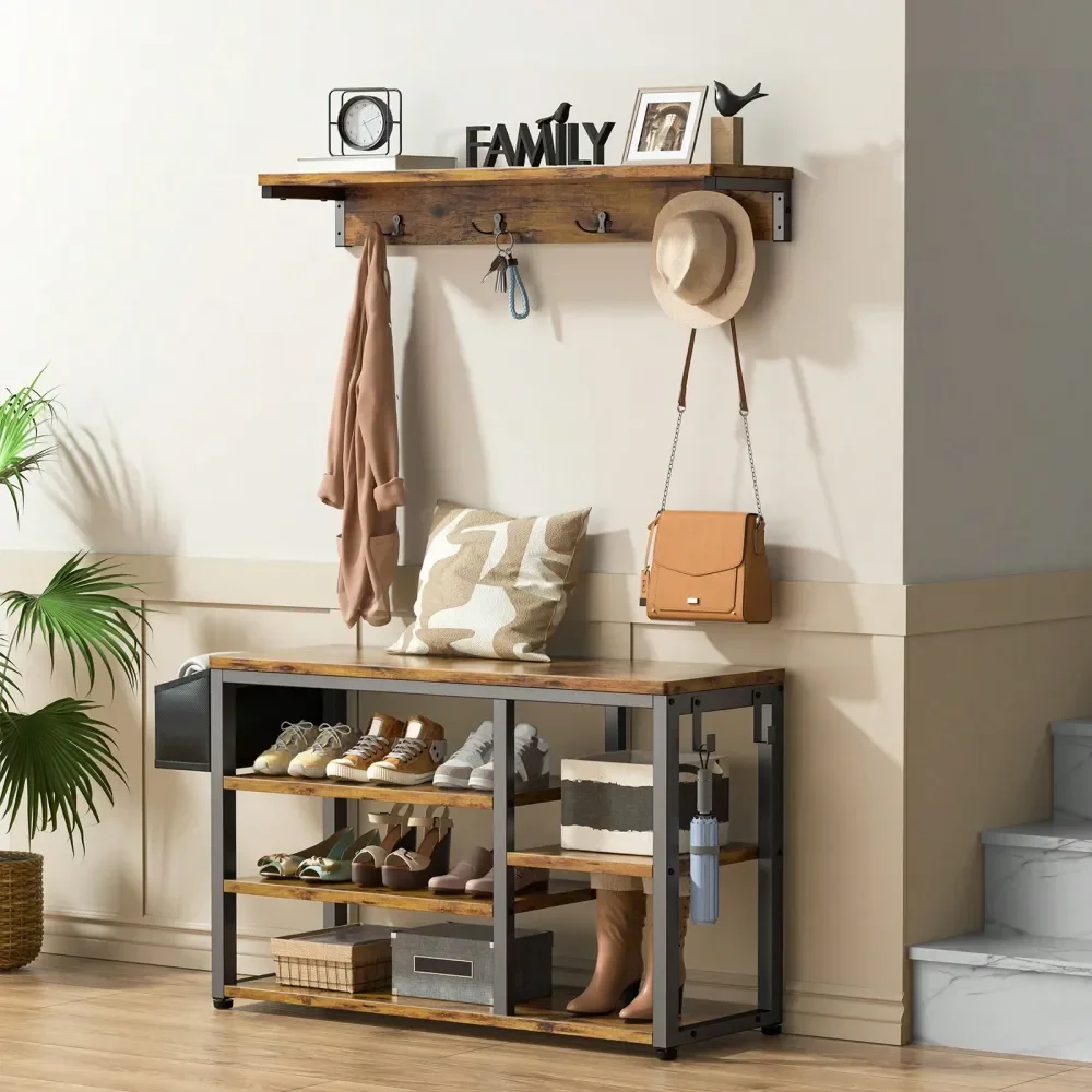 

Hall Tree Shoe Bench With 4 Hooks For Entryway, Hallway