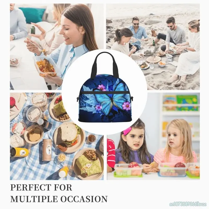 Blue Beautiful Butterfly Art Lunch Bags for Women Insulated Lunch Box Portable Thermal Lunch Container Multifunction Food Box