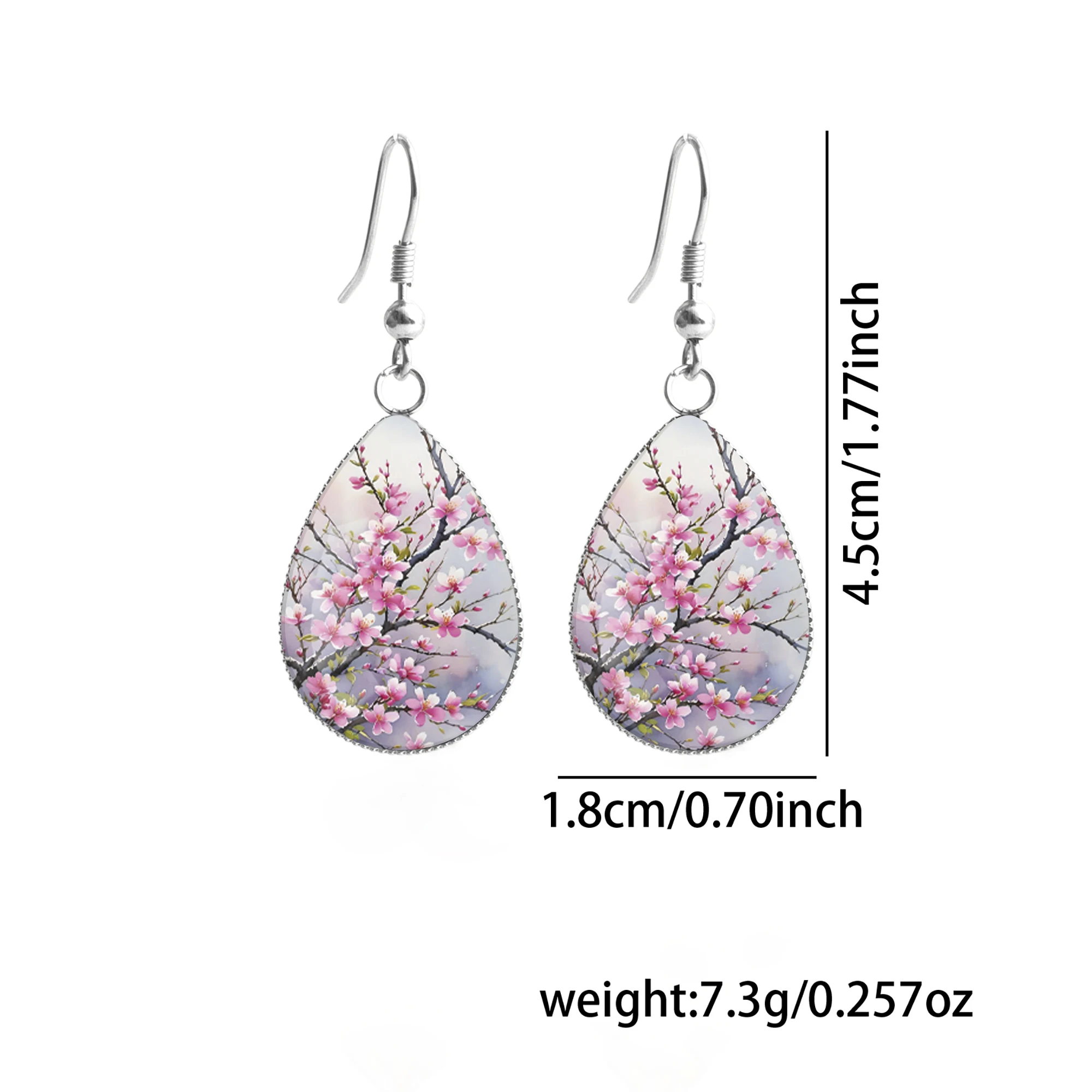 1 Pair of Pink Branch and Flower Pattern Earrings with Convex Glass and 316 Stainless Steel Teardrop Ear Hooks, Classic and Simple Style Suitable for Women for Daily Wear, Gift-Giving, and Holiday Wear