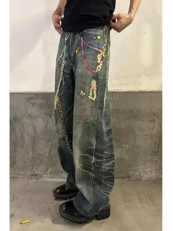 

Retro American 3D Digital Printing Candy Chain Waed Loose Straight Leg Men's Jeans Casual Long Trousers Summer Faion