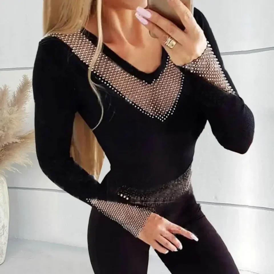 

Sexy Rhinestone Decor Tee Women Tops See Through Contrast Mesh Long Sleeve Top Black Vintage T Shirts Female Clothes