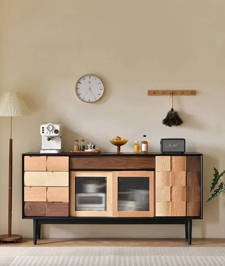 

Nordic solid wood dining side cabinet creativity, color matching porch cabinet, black light French living room, locker R