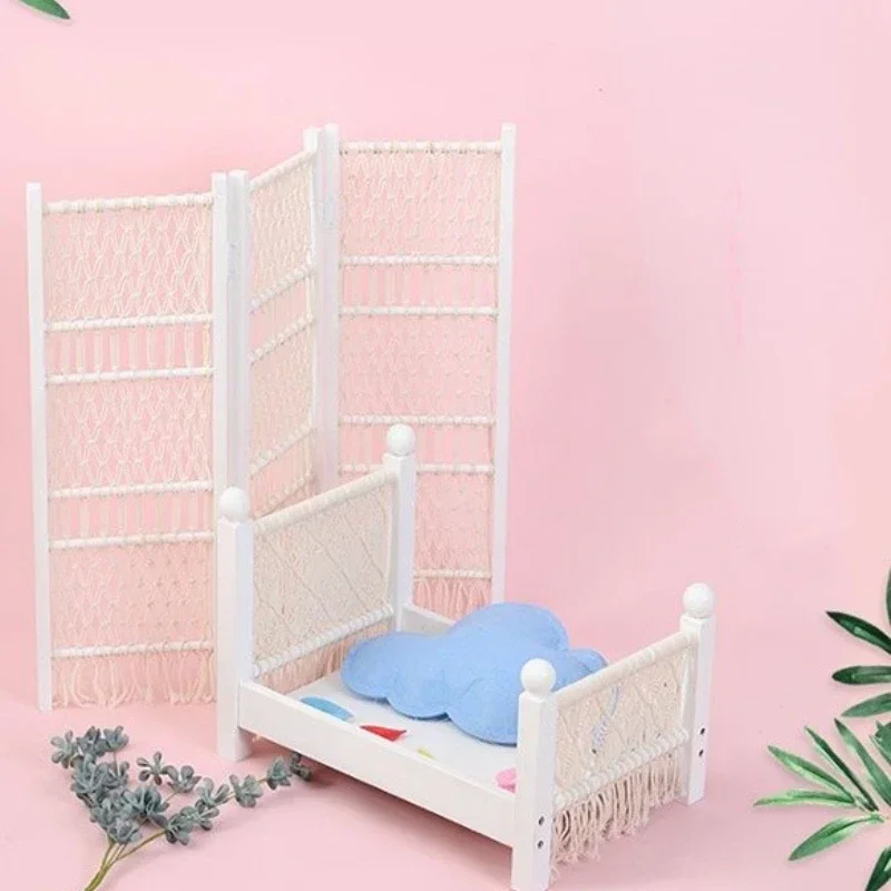 Baby Photography Props Infant Posing Furniture Pine Bed Handmade Cotton Rope Screen Backdrop Newborn Photoshoot Accessories