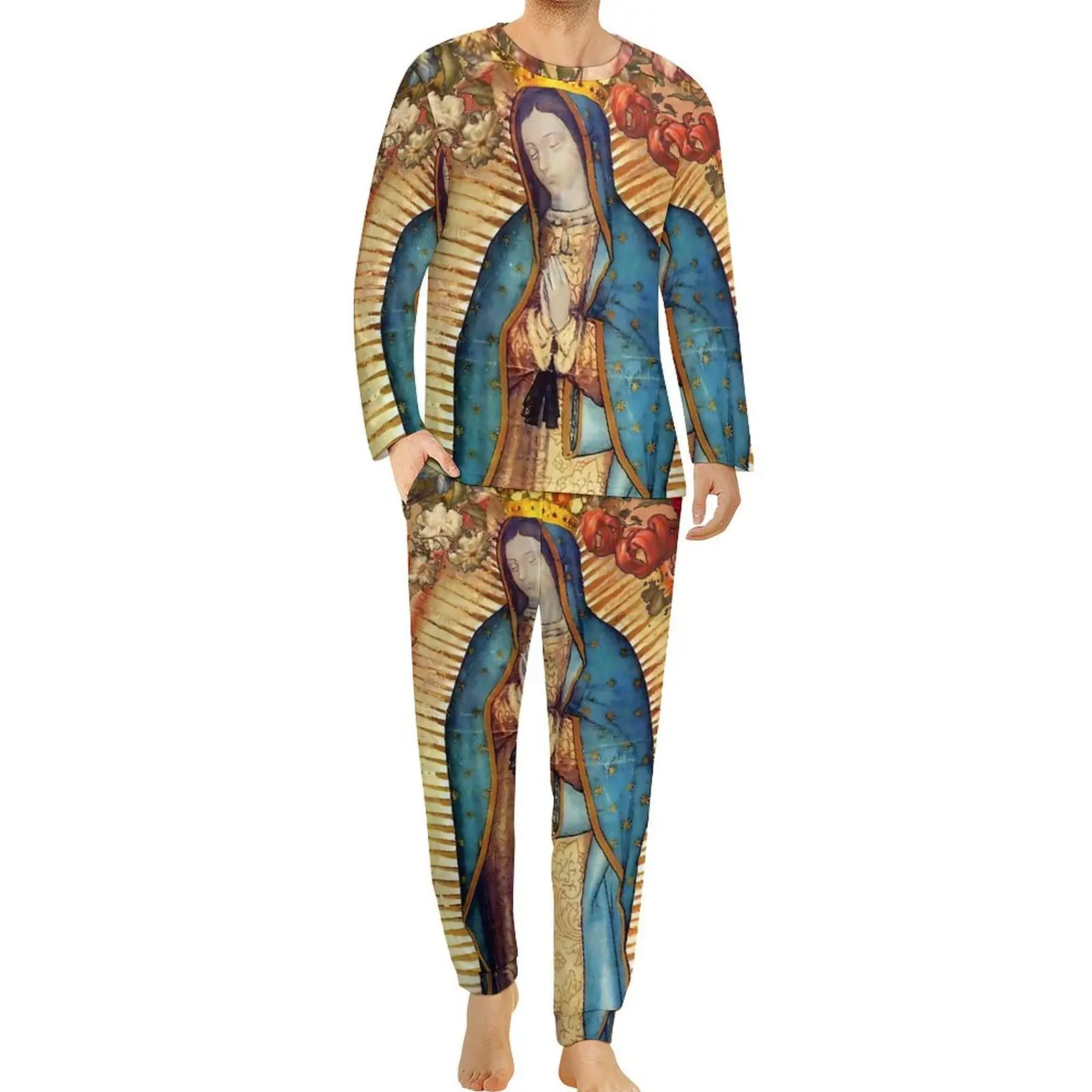 Virgin Mary Catholic Pajamas Autumn Our Lady of Guadalupe Home Home Suit Men 2 Pieces Design Long Sleeve Oversized Pajama Sets