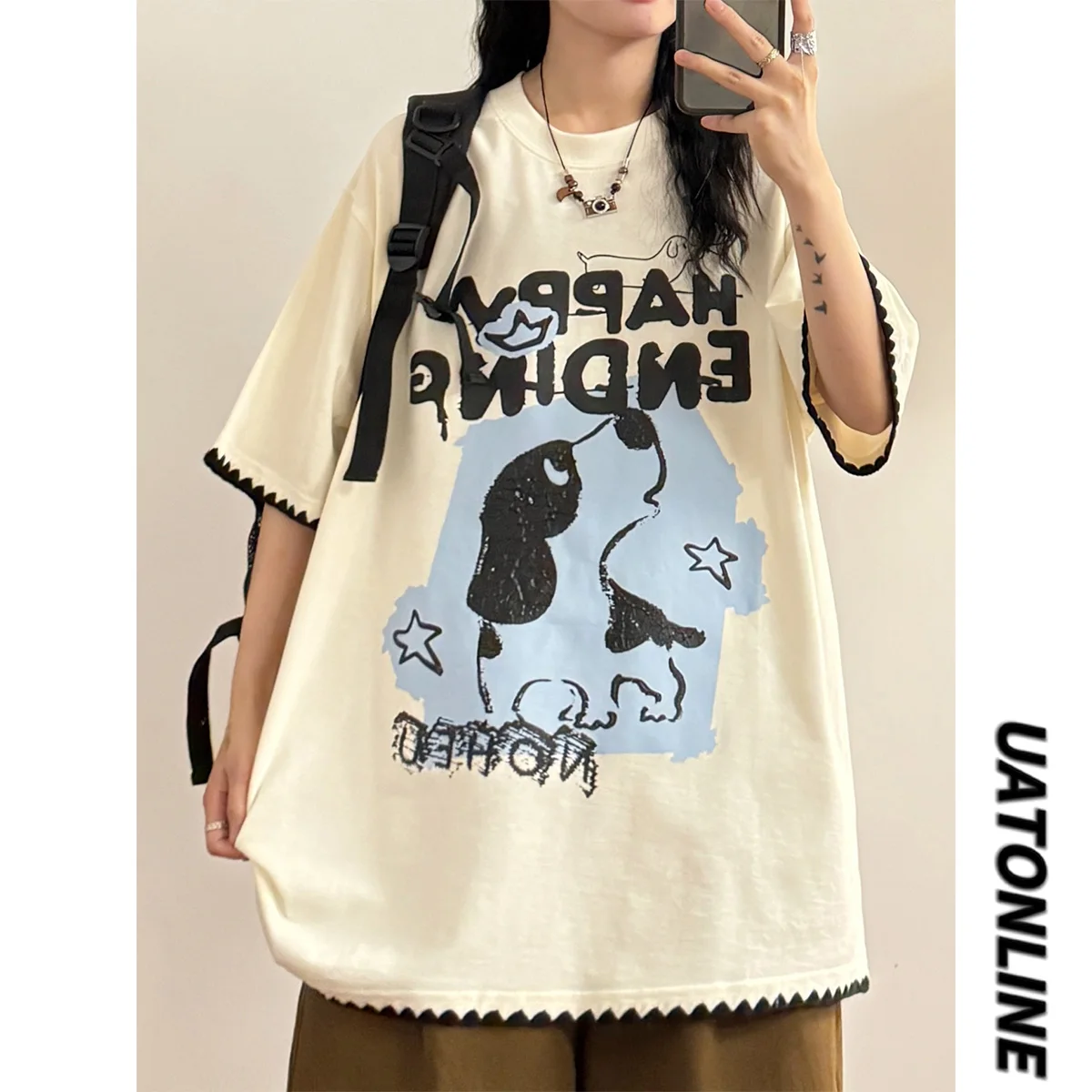 

Летняя уличная футболка UATONLINE свободного кроя с круглым вырезом и модным принтом собаки для женщин