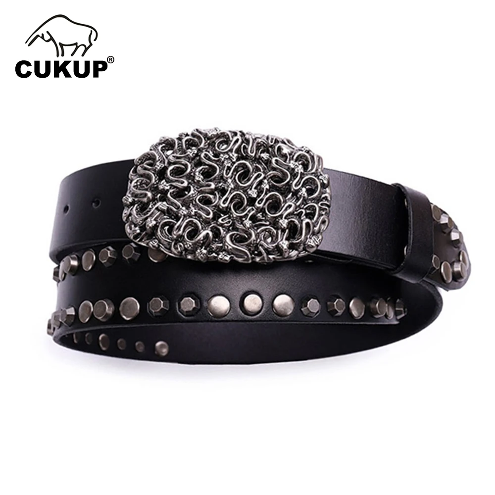 

CUKUP 2023 New Personalized Trend Rivet Men's Slide Snake Buckle Belts Top Layer Cowhide Belt Manufacturer Directly Supplied