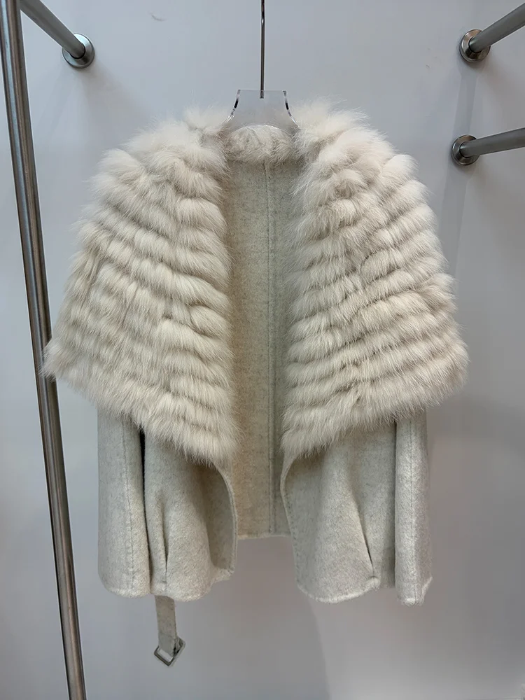 2026 Winter Natural Real Fox Fur Collar Coat Cashmere Wool Woolen Fur Strip Sewed Toghter Jacket Ladies Female Fur Coat Outwear