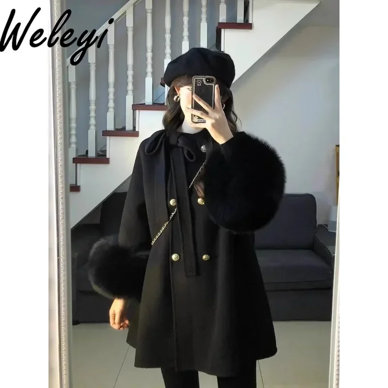 Winter Woman Furry Cloak Mid-length Black Wool Coat Warm 2024 Autumn New Women's Premium Thickened Fur Long Sleeve Woolen Coat