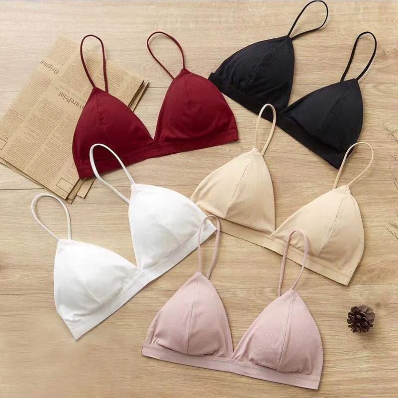 Women\'s Triangle Cup Bra French Style Thin Shoulder Strap Beauty Back Underwear Sexy Deep V-Neck Solid Color Tube Top Summer