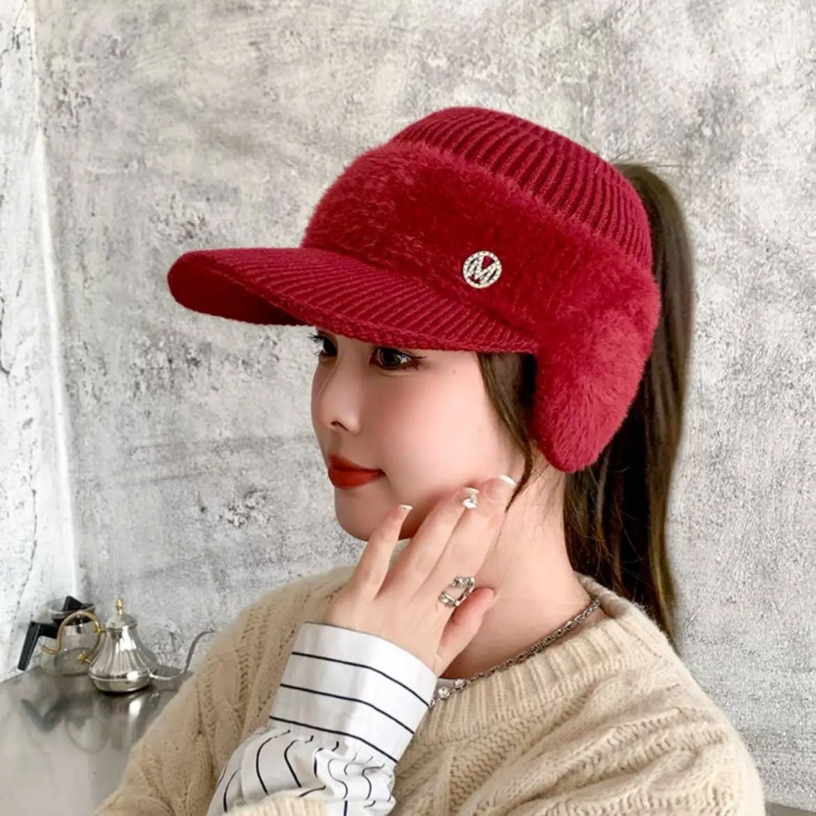 New Cool Women Warm Ponytail Earflaps Caps Hat Knitted Female Autumn Winter Lady Mom Baseball Cap Hat For Women