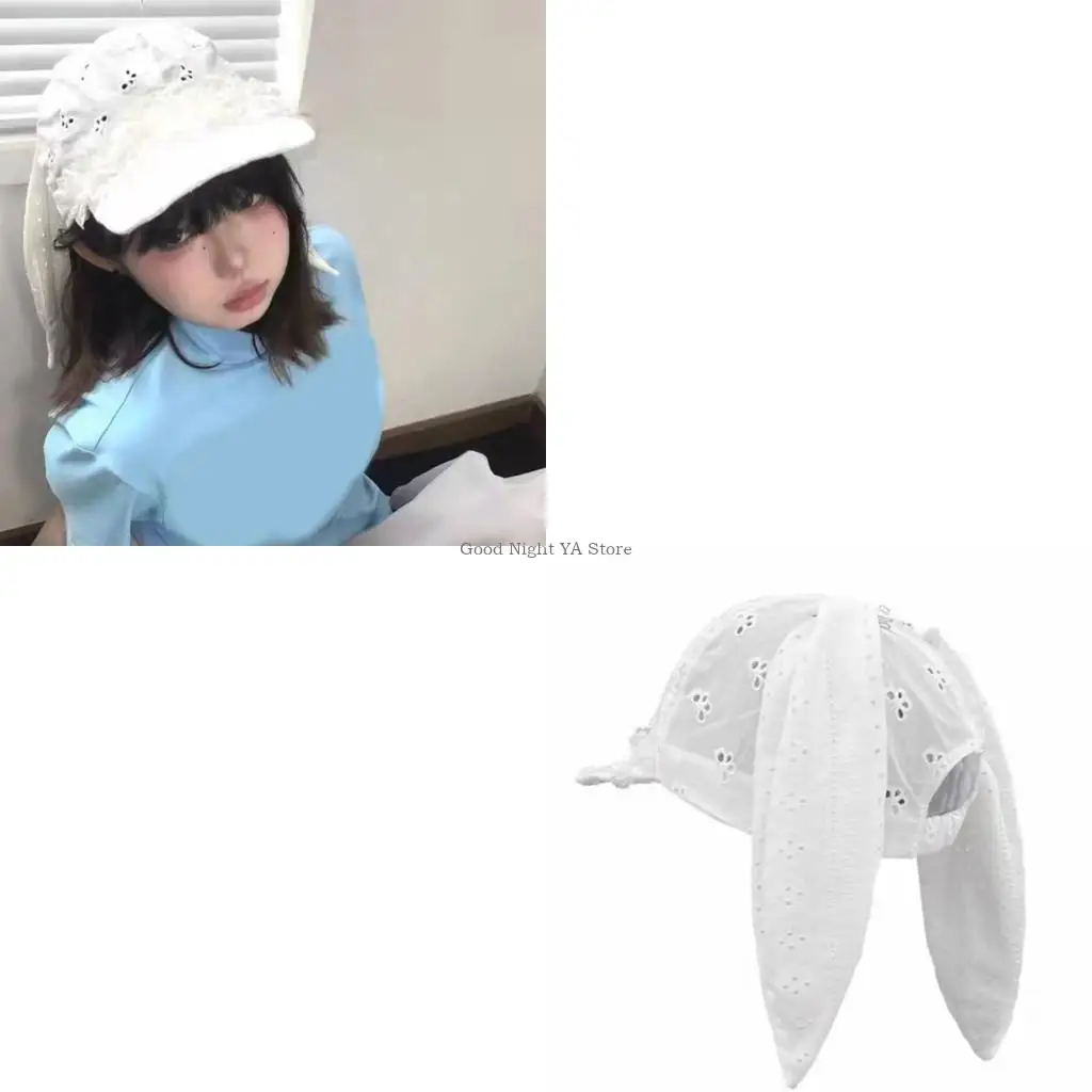 Anime anime multiuse Rabbits Ear Sun Hat com design borboleta oco para mulheres e garotas renda renda