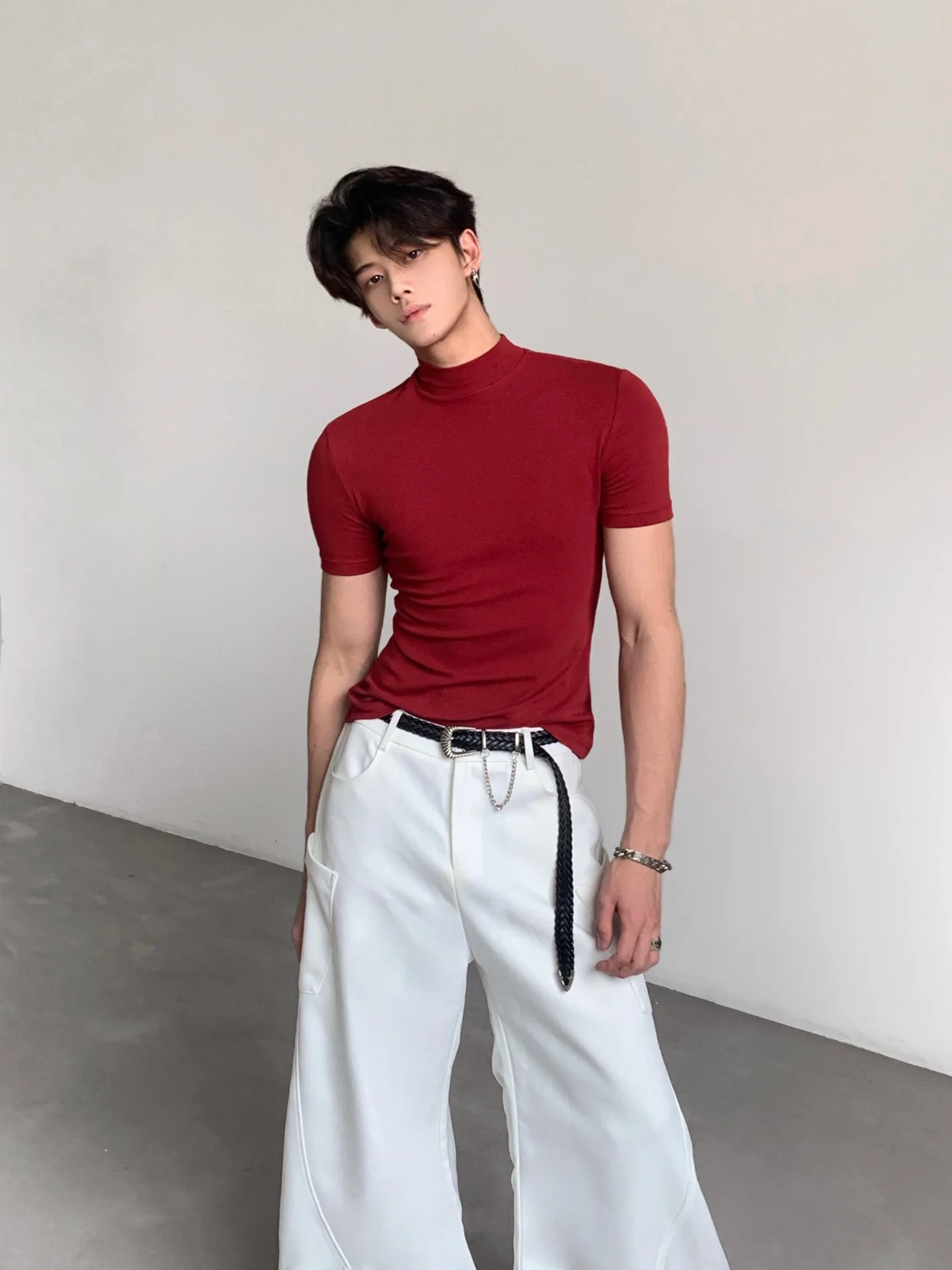 Ace Tailors Men's Knitted Short Sleeve T-Shirt Sporty Slim Fit Half Sleeve Pure Color Base Shirt Comfortable Skin-Friendly