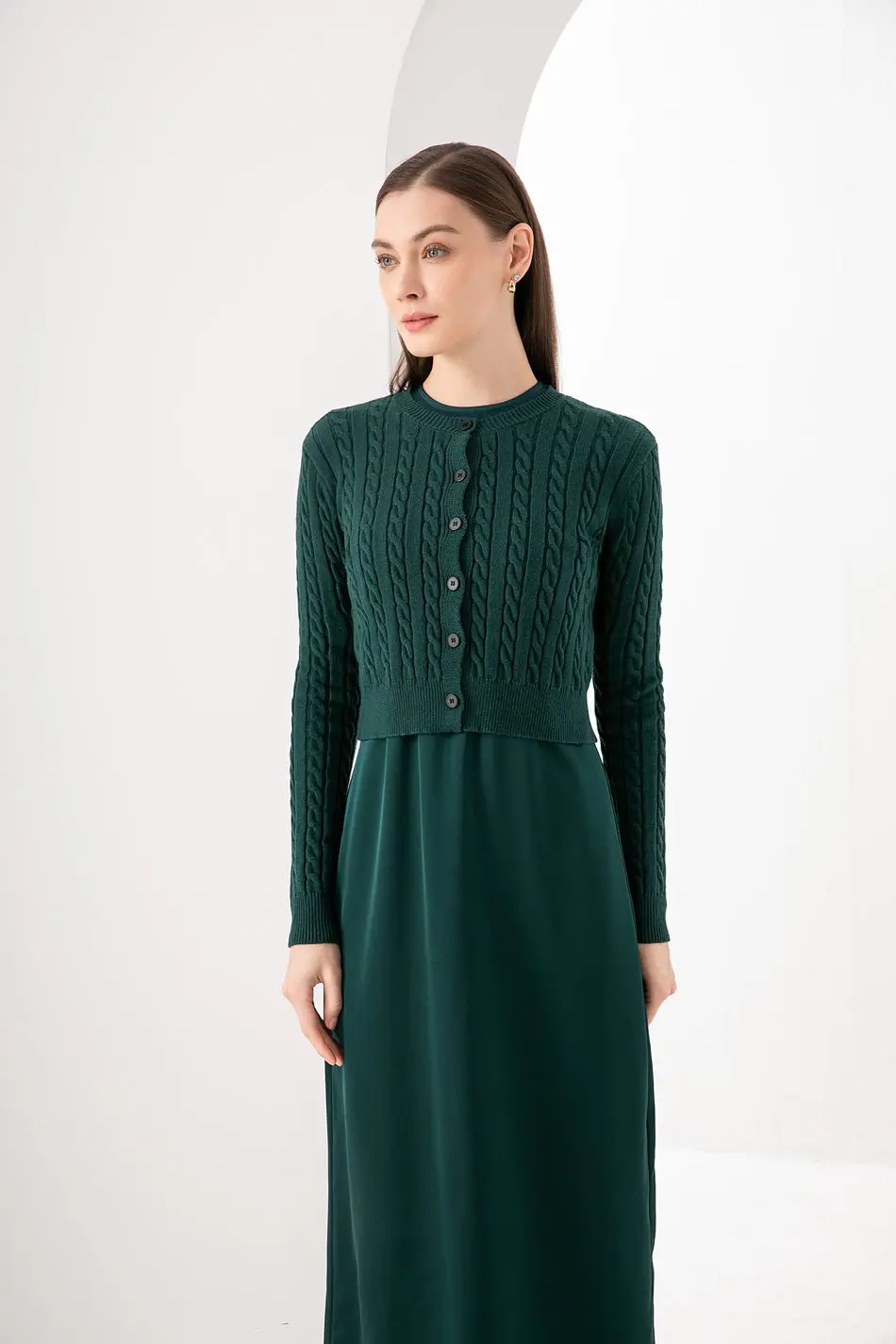 Als Frau Kleidung Maxi Satin Kleid/gestrickte Rippe Kleid gestrickte Kabel Strickjacke Herbst Winter Kollektion