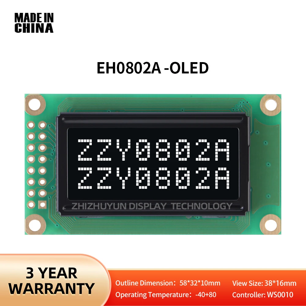 EH0802A-pantalla OLED LCM integrada, temperatura de trabajo, 40 + 80, fondo negro y texto blanco