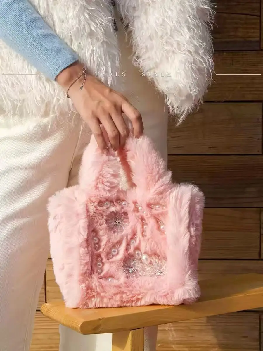 

Fashion Soft Faux Fur Bucket Bag Female Casual Tote Bag Luxury Beads Beaded Women Handbag Exquisite Clutch Purse Crossbody Bag