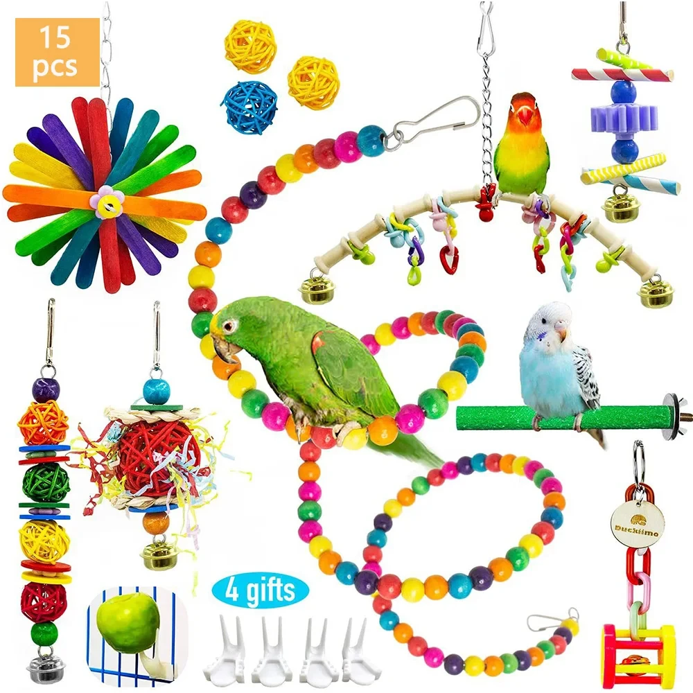 

Wooden Bird Cage Toys, Bird Swing, Reliable Chew Bite Bridge, Bead Shape, Parrot Toys, 15 Pcs