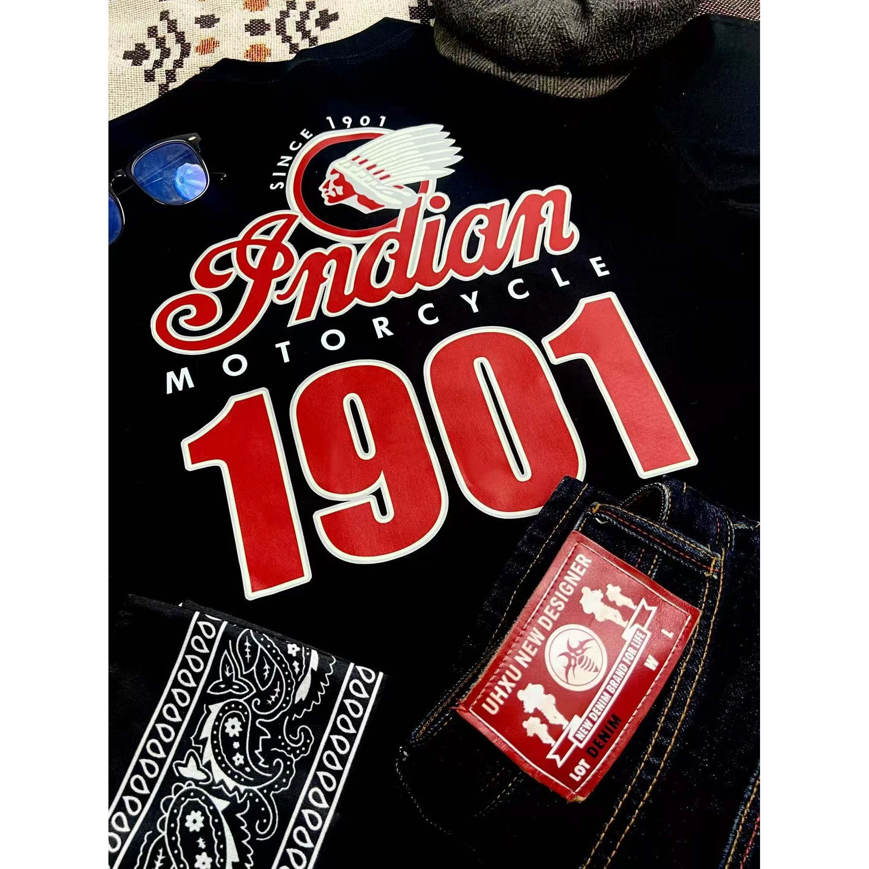 Indian 1901 American Vintage Motorcycle Club Herren- und Damen-T-Shirt mit Rundhalsausschnitt, locker geschnitten, langärmelig, aus Baumwolle – Detail 4