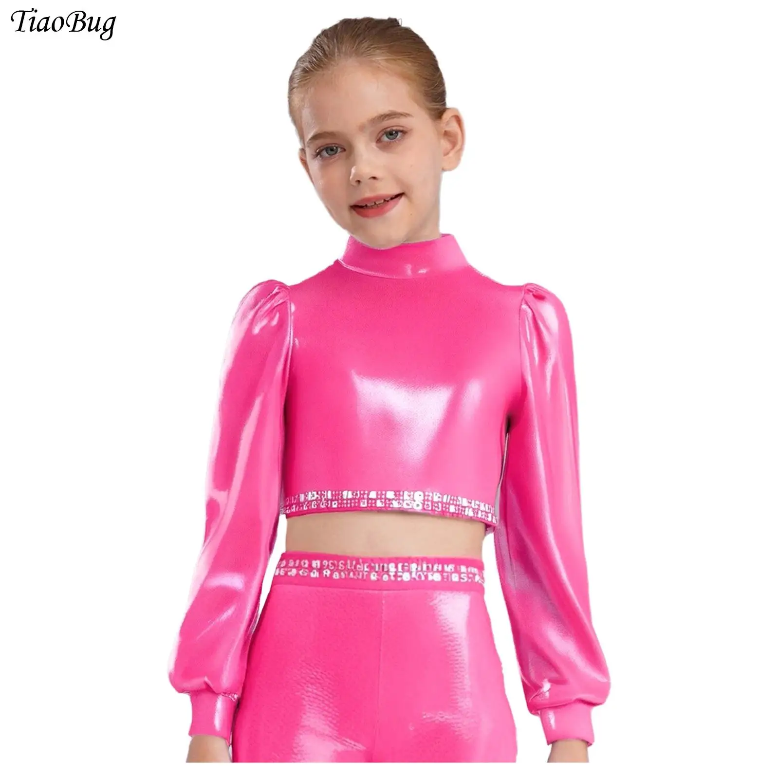 

Kid Girls Hip-hop Jazz Dance Top Mock Neck Long Sleeves Shiny Rhinestones Metallic Crop Tops Cheerleading Performance Dance Wear
