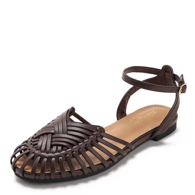 Women Sandals Vintage Roman Bag Head Buckle Strap Sandals Summer Hand-woven Pig Cage Shoes Flat Casual Sandals Golden 36-42