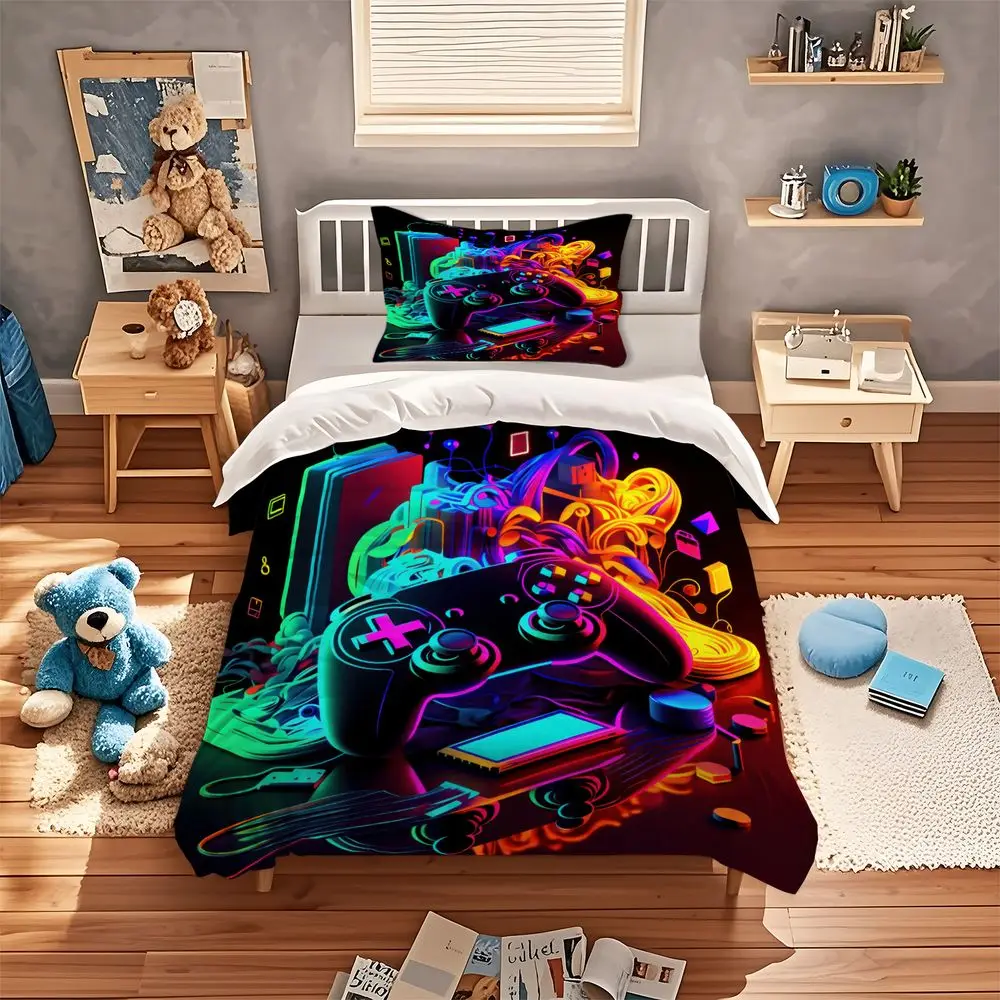 Neon Gaming Duvet Cover Set Digital Print Bedding Set Video Game Controller Design Microfiber Comforter Cover Home Decor