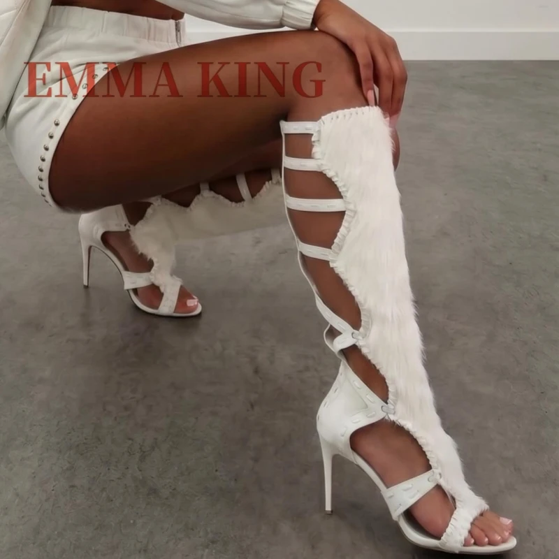 Faux Fur Cutout Knee High Gladiator Sandals,Open Toe Stiletto Tall Boots, Back Zipper Hollow Out Furry Dress Booties,Big 43 44