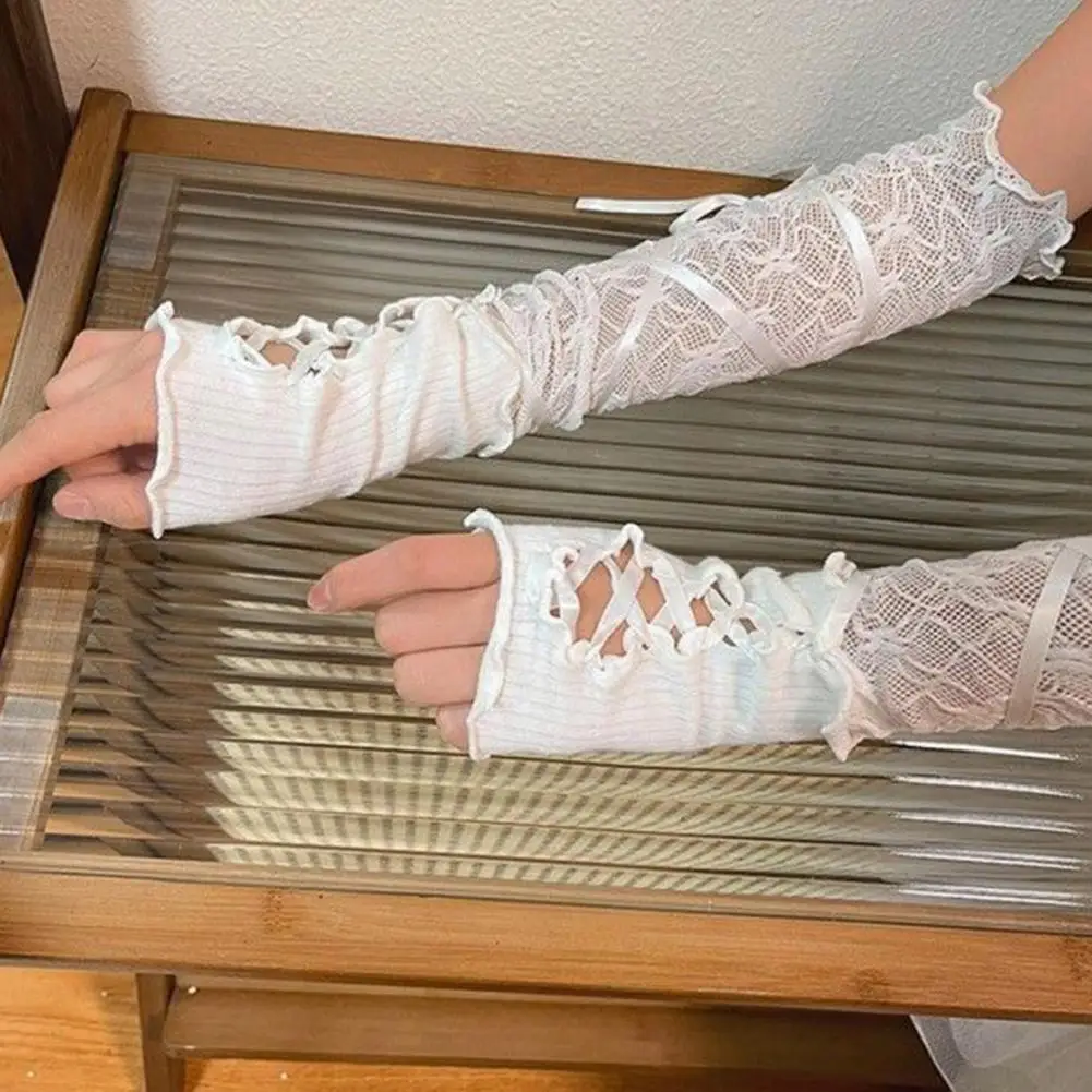 1 زوج المرأة حفلة موسيقية أكمام أذرع تبريد الدانتيل زهرة التطريز أصابع Shirring العروض العروس الزفاف صور الدعامة أصفاد للذراع قفازات