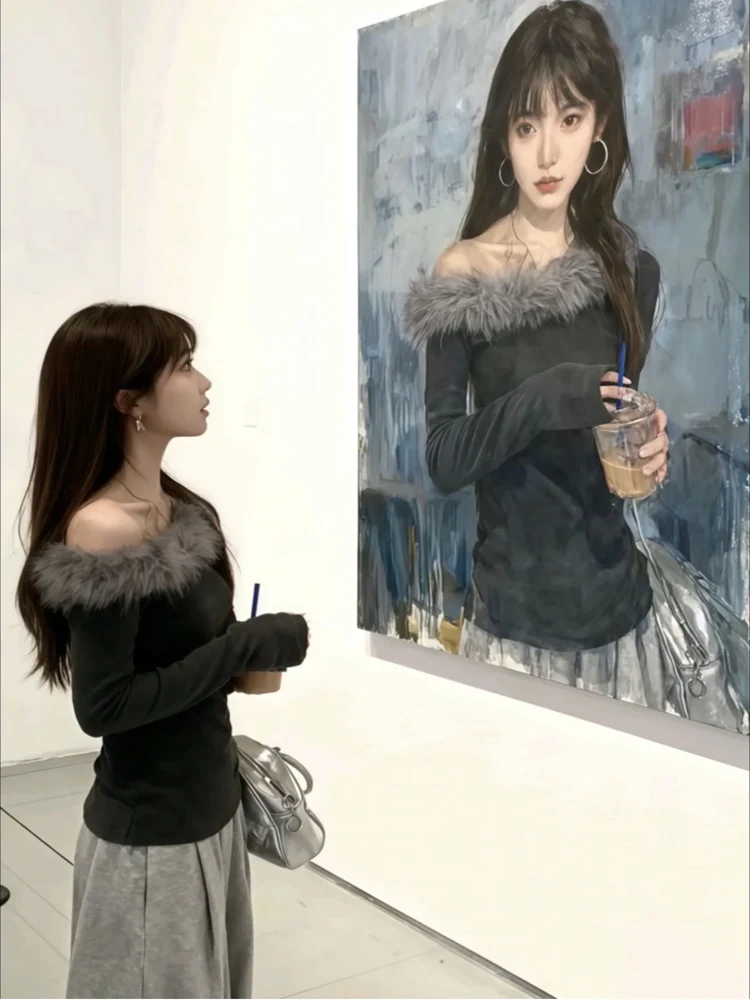 Camiseta Feminina de Outono/Inverno com Gola de Pele Inclinada e Design Americano Estilo Spicy Girl - Pure Desire