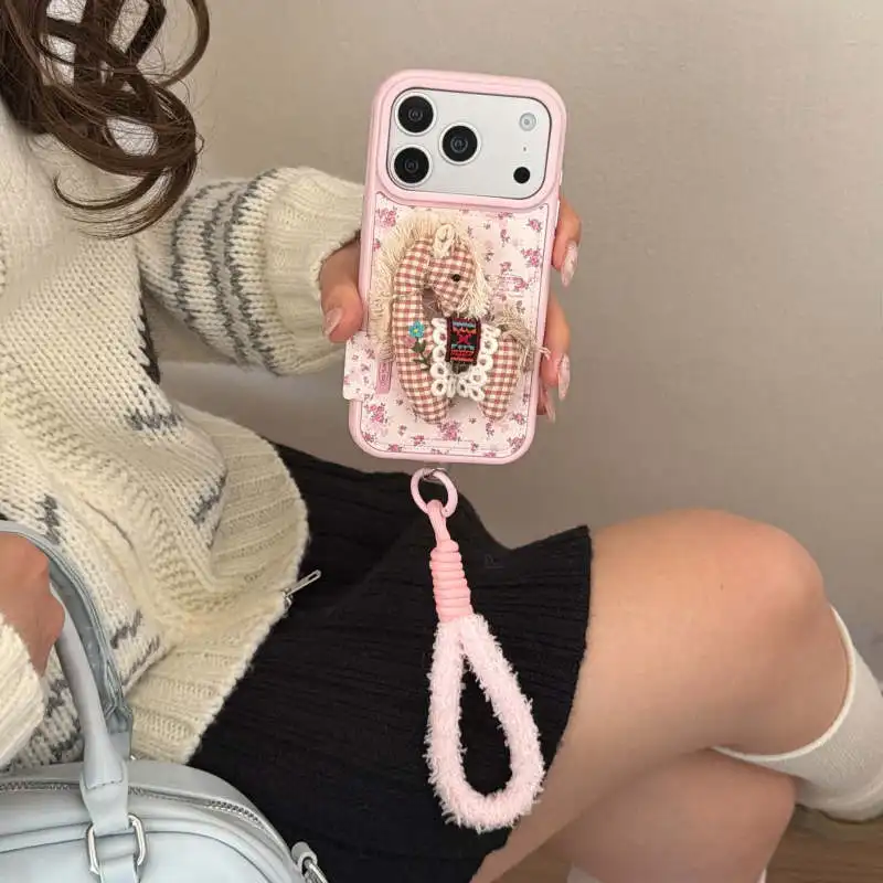 

Cute 3D Plush Little Pony Flower Phone Case For iPhone 17 Pro 16 15 14 Pro Max Cover with Hand Rope Leather Cartoon Cases For Gi