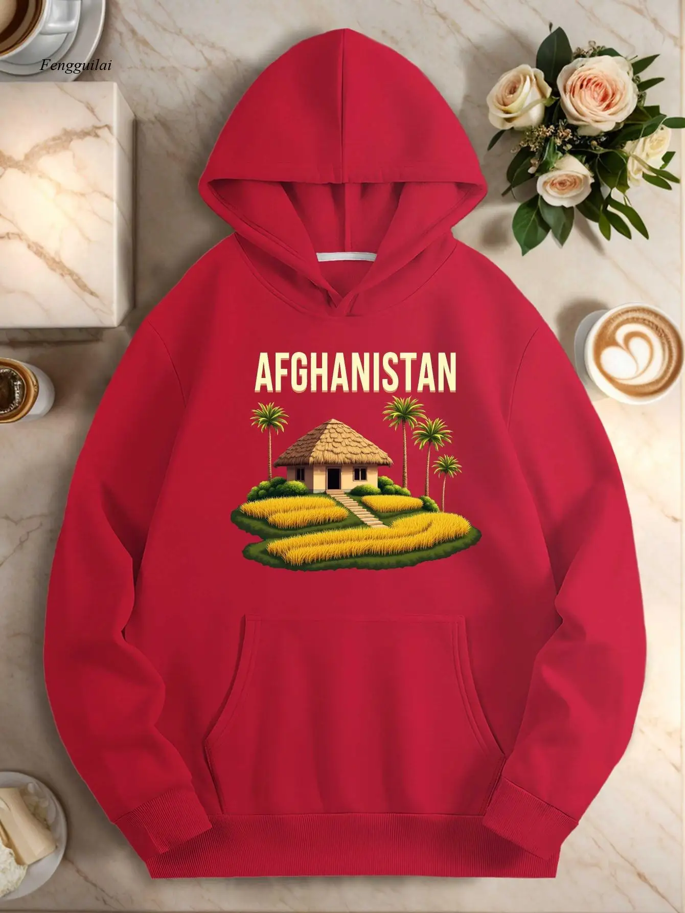 سويت شيرت بغطاء للرأس للمناظر الطبيعية - طباعة القرية الأفغانية ومدينة القبول، بلوفر بقلنسوة غير قابل للتمدد مع جيوب، قابل للغسل في الغسالة