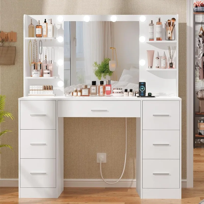 

Large Vanity Desk with LED Lighted Mirror & Power Outlet,Makeup Vanity Table with 7 Drawers,4 Shelves and 5 Hooks,Vanity Table