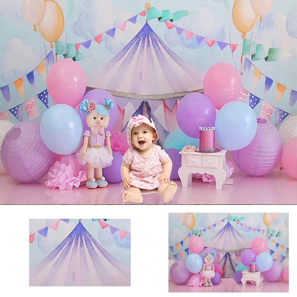 Birthday Girl Photography Backdrop Circus Balloon Pink Paper Flower Party Cake Smash Decor Photo Backgrounds for Photo Shoots