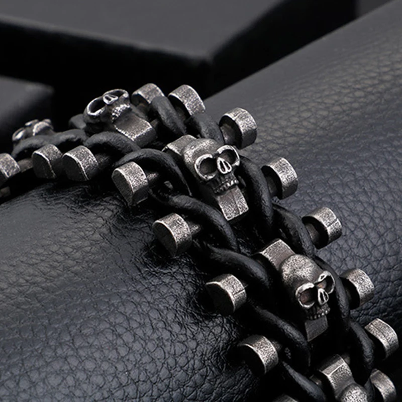 Vintage Domineering Skull Braided Leather Bracelet Trendy Charm Stainless Steel Biker Bracelet Punk Hip Hop Jewelry Dropshipping