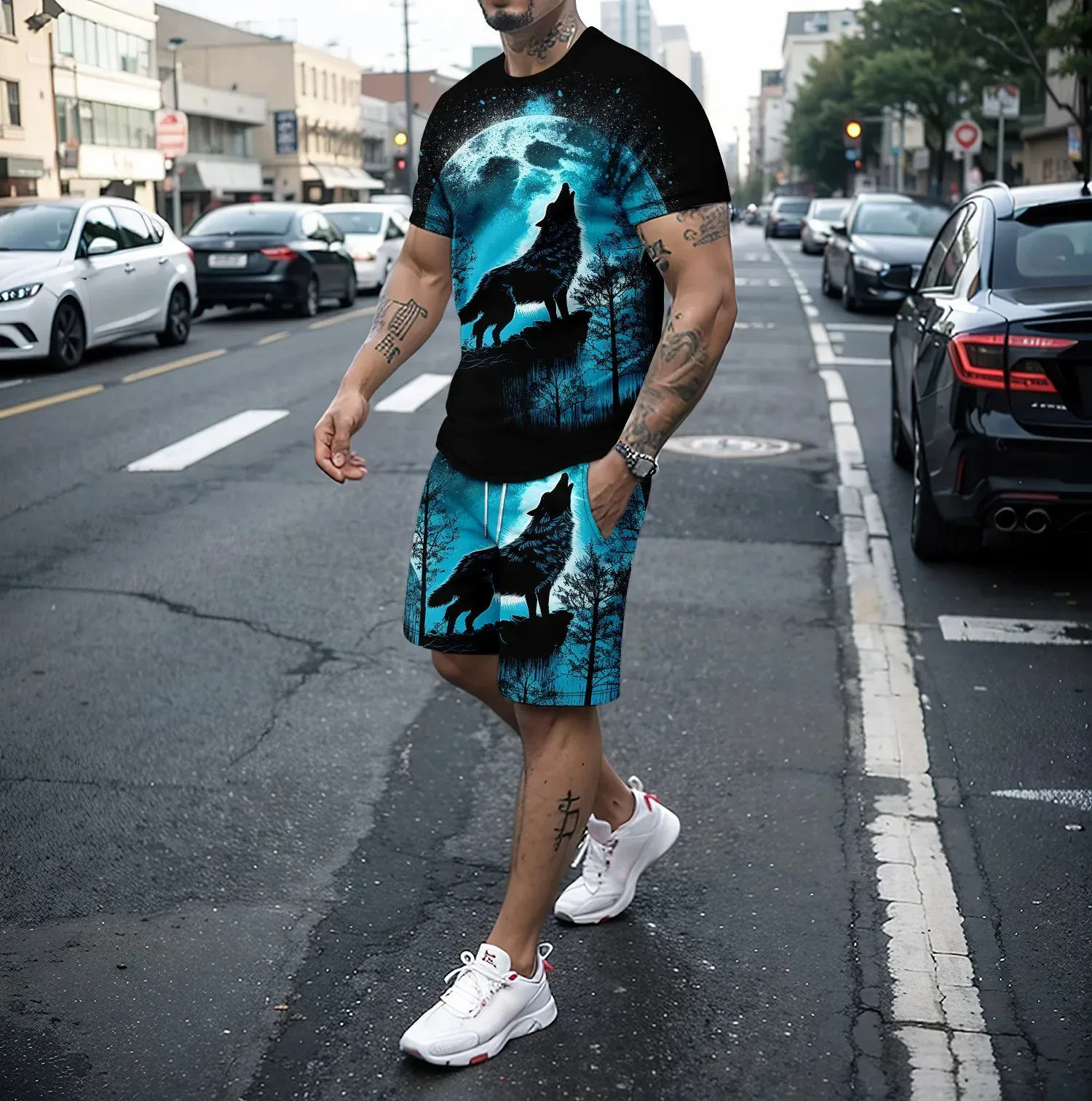 New 3D wolf print men's short sleeved T-shirt shorts set casual and high-quality summer street trendy and domineering clothing