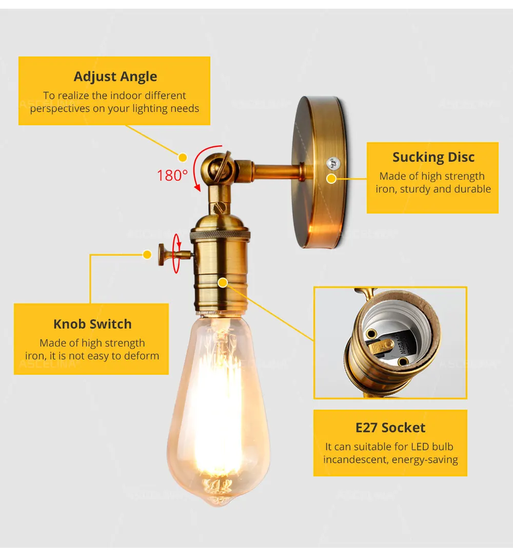 Retro Golden Iron Wall Lamp Adjustable Wall Lighting for Bedroom Study Corridor Entrance - Indoor Decor without Light Bulb
